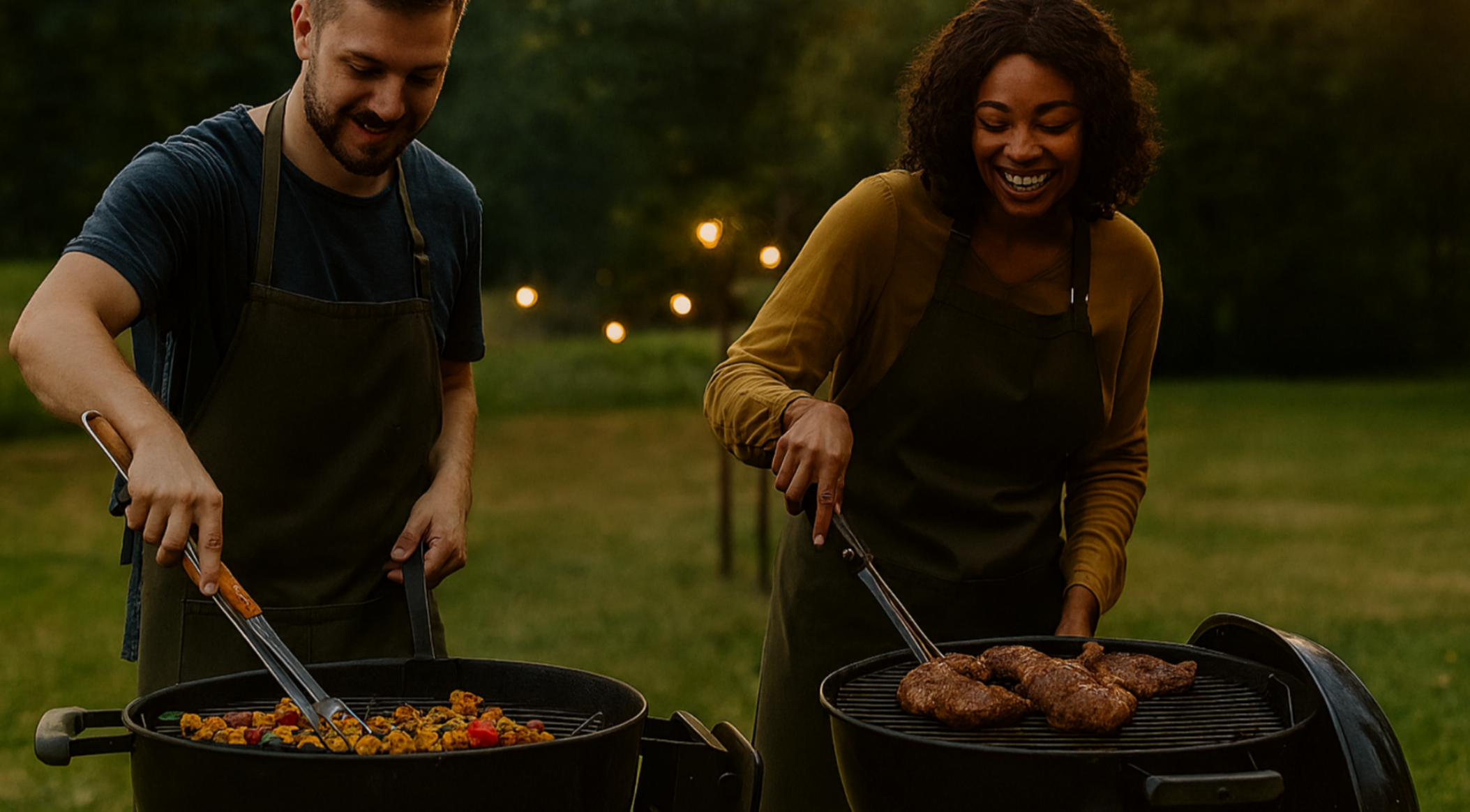 Two people grilling food outdoors in a garden setting
